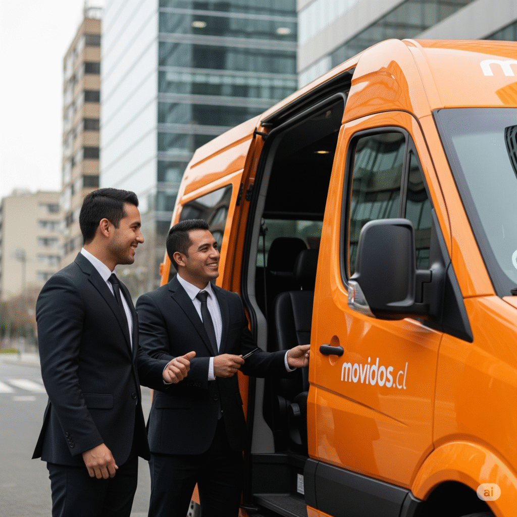 Camioneta ejecutiva moderna con conductor profesional en Santiago, Chile. Servicio de transporte ejecutivo seguro y certificado según Ley EAT. Movidos.cl.