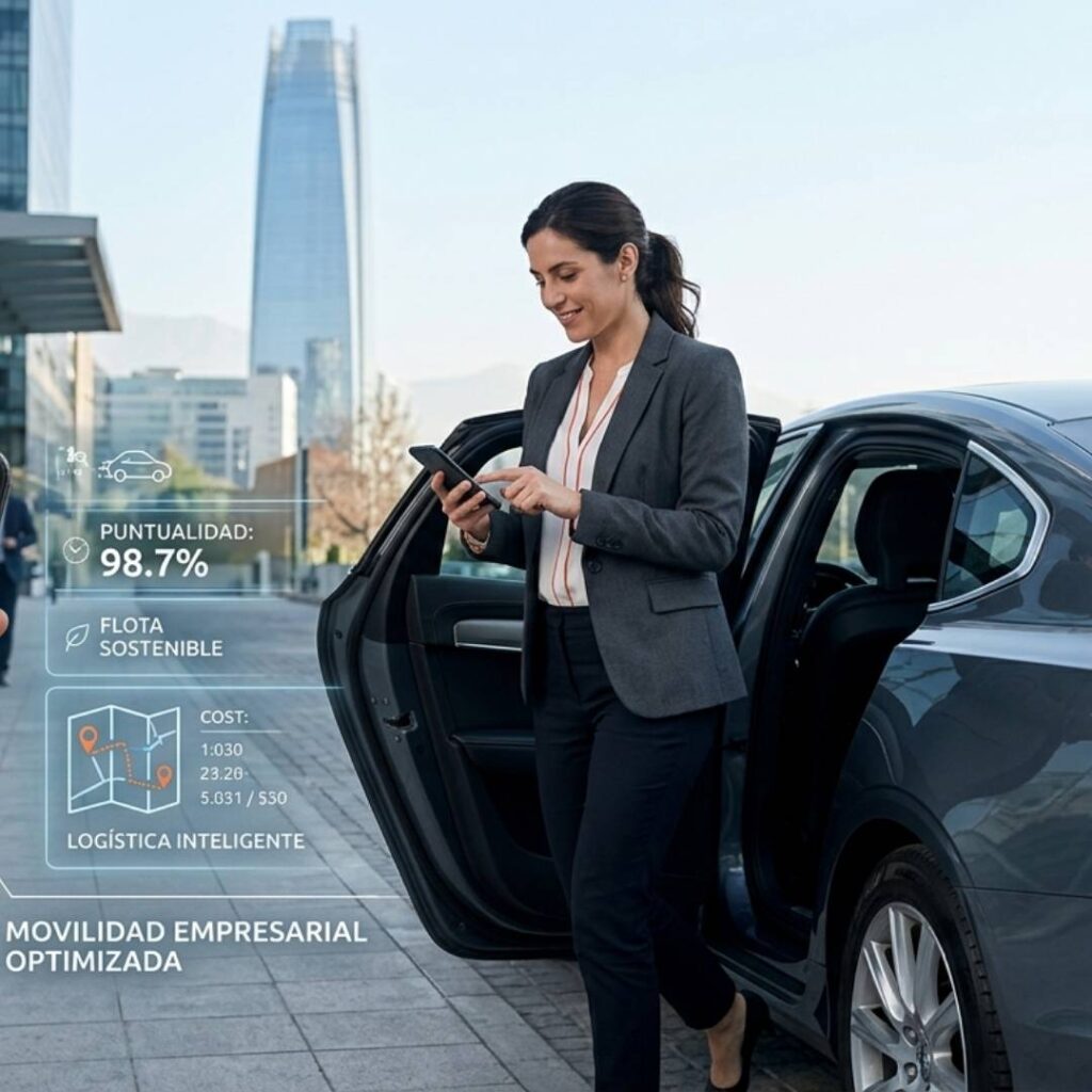 Ejecutivo utilizando servicio de transporte corporativo de Movidos en Santiago de Chile con enfoque en optimización de costos y movilidad empresarial eficiente.