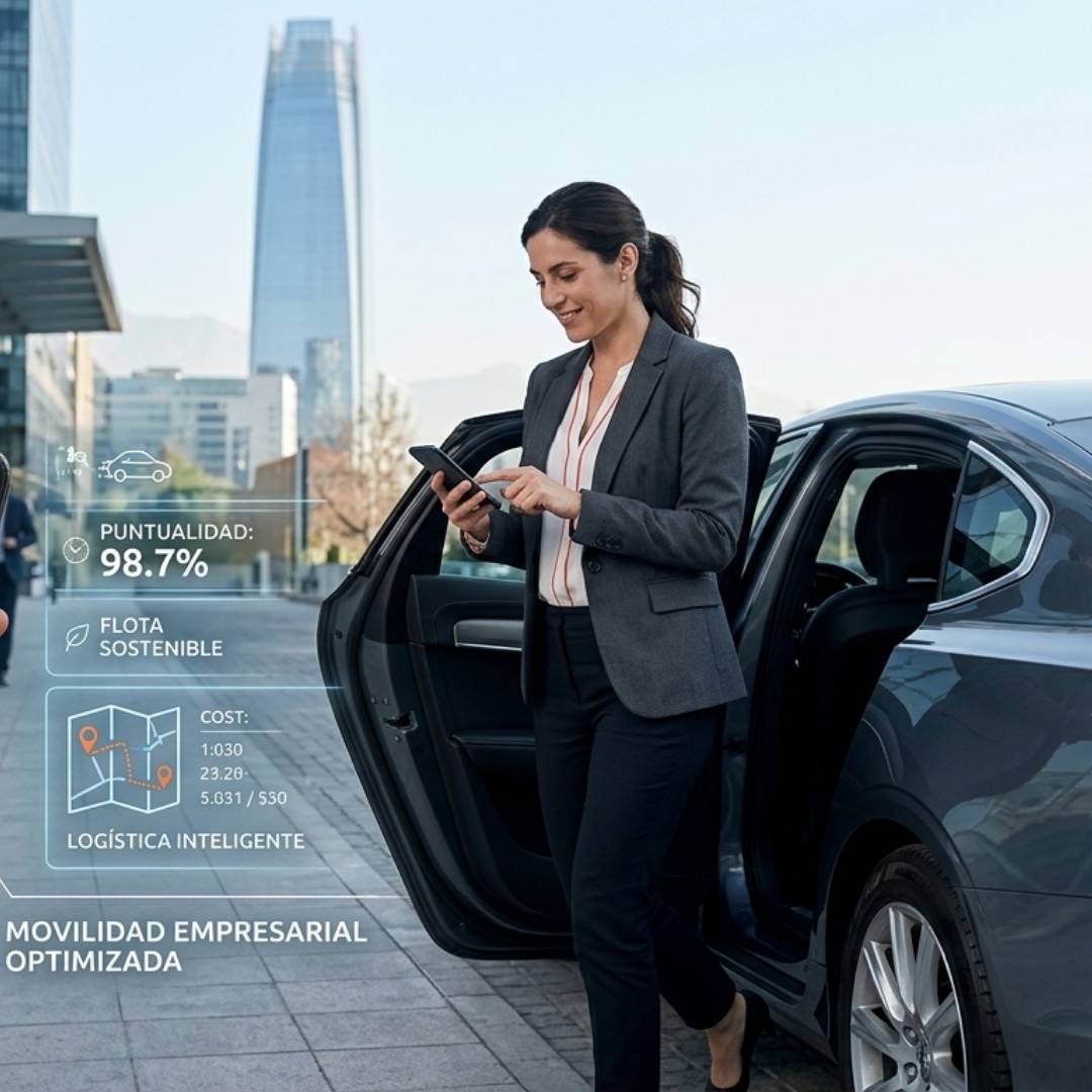 Ejecutivo utilizando servicio de transporte corporativo de Movidos en Santiago de Chile con enfoque en optimización de costos y movilidad empresarial eficiente.