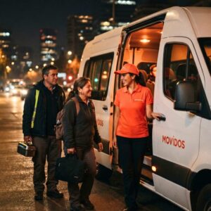 Texto alternativo: Conductor de Movidos recibe a colaboradores para un traslado corporativo nocturno en Santiago de Chile.