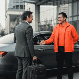 Conductor de Movidos recibe a cliente para traslado corporativo en Santiago de Chile